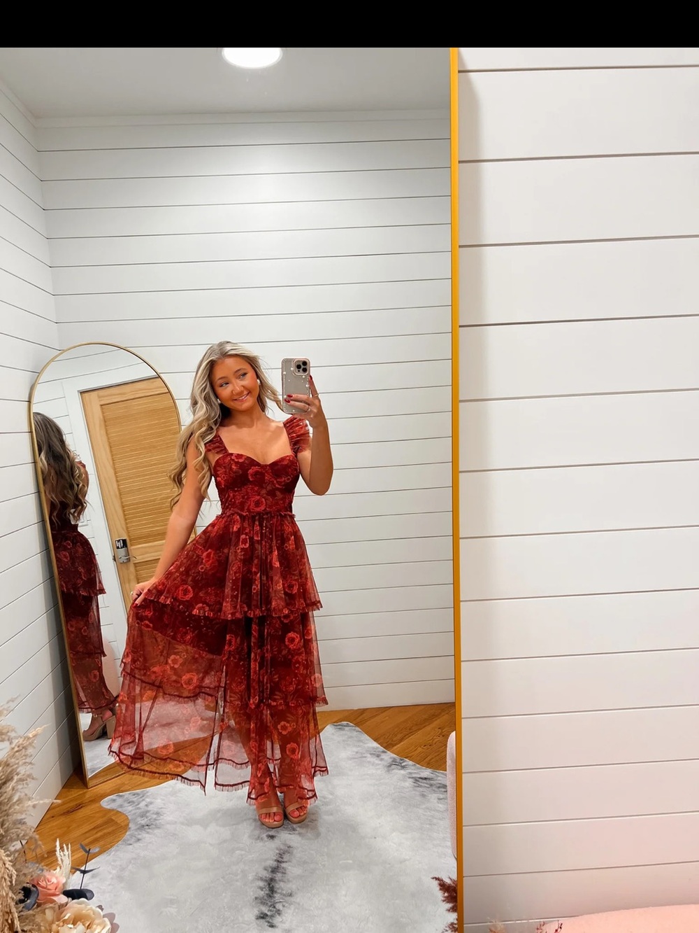 Women's Red Floral Tiered Maxi Dress